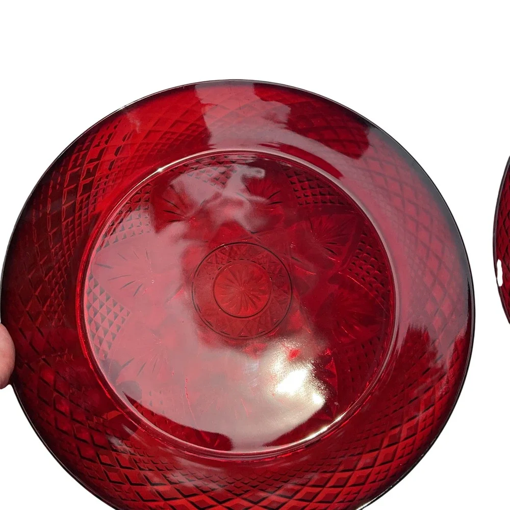 Cristal D'Arques-Durand Set of 2 Ruby Red Glass Plate Diamond & Star Pattern OS